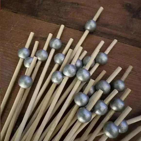 25 New 6" Wood Cocktail + Appetizer Picks with Silver Balls - Picture 3 of 4